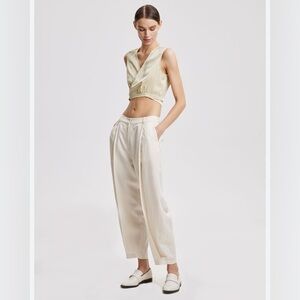 NWT Lattelier Linen Blend Tapered Trouser Pants Pleated Off White Small Preppy